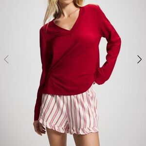 Soma Red Long Sleeve Top with Striped Pajama Shorts